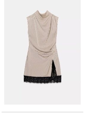 Zara Striped Mini Dress with Black Lace Trim, light blue stripes. High-neck.